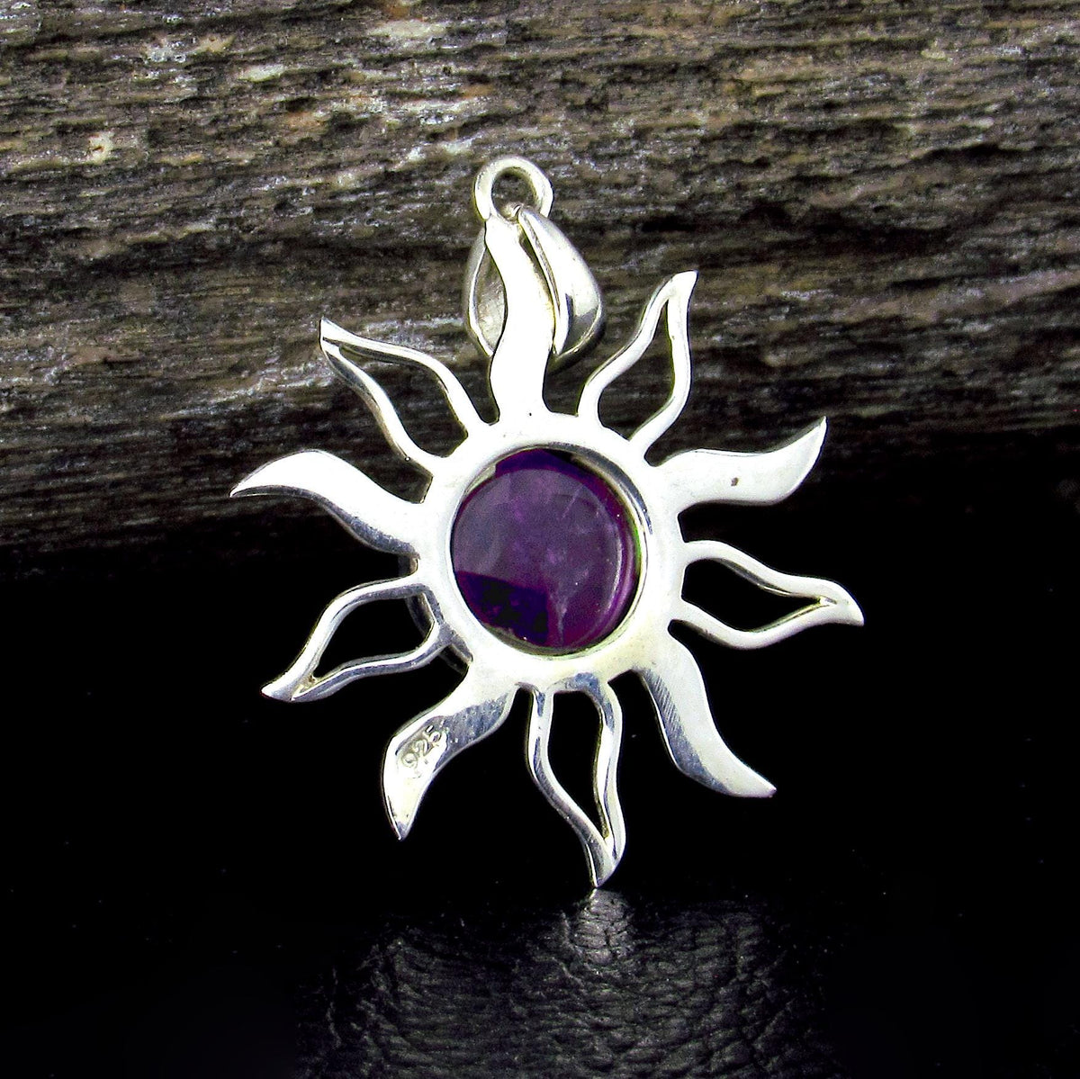 Solid 925 Sterling Silver Amethyst Sun Pendant, Celestial Solar Necklace, Purple Gemstone Arcane Amulet
