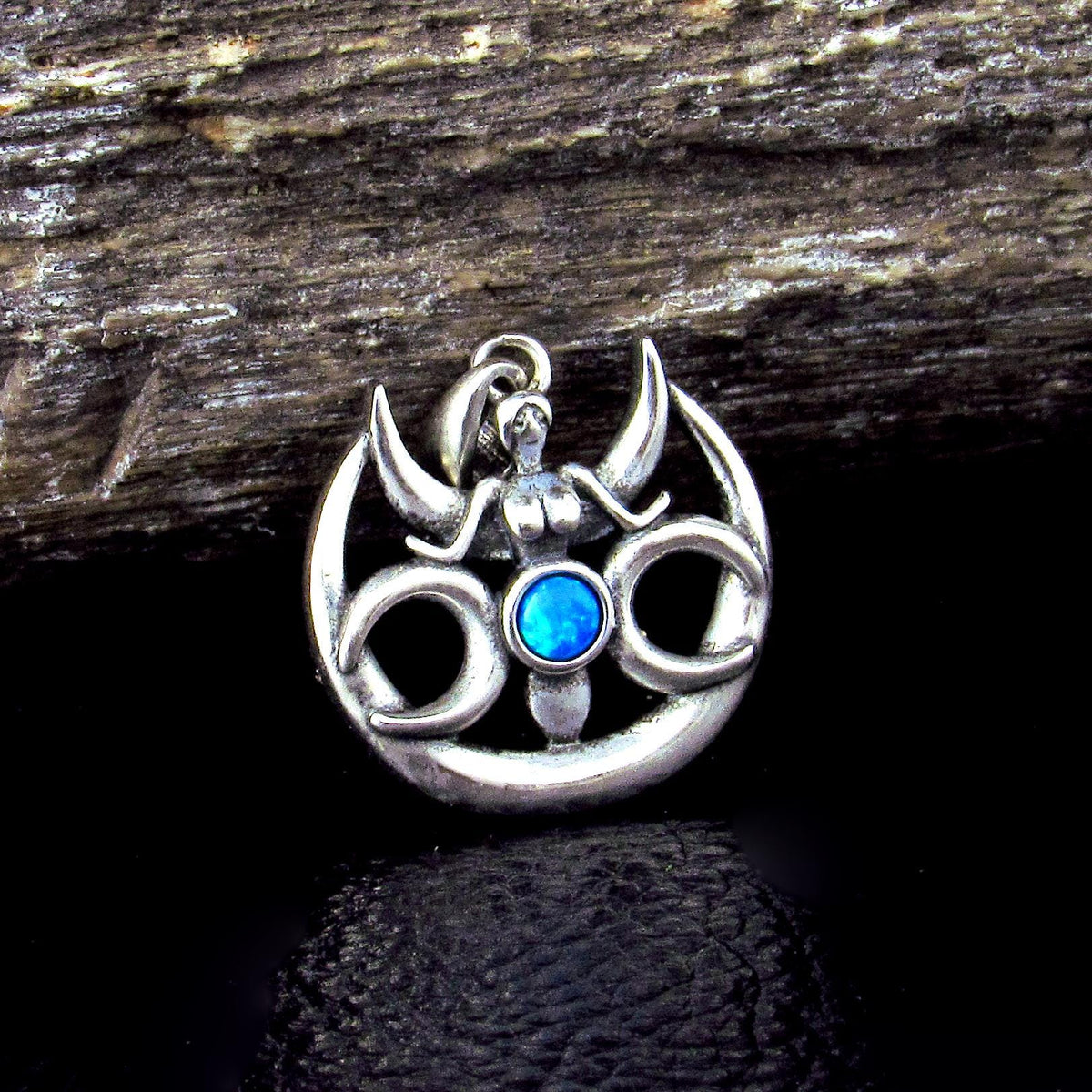 Solid 925 Sterling Silver Opal Triple Moon Goddess Pendant, Wiccan Moon Phase Charm