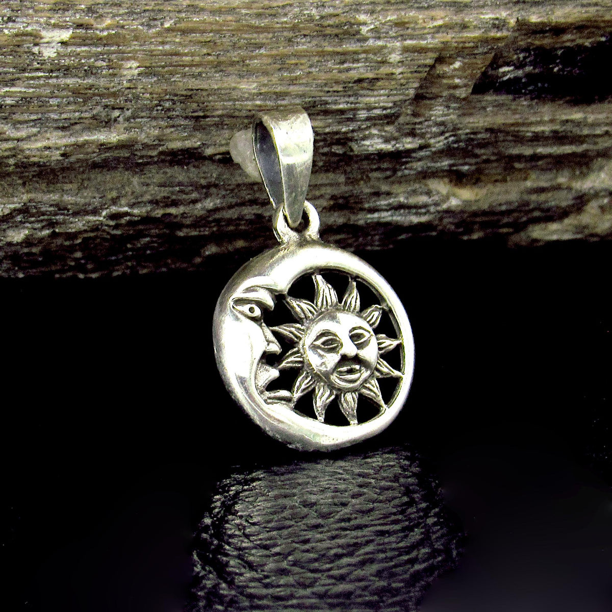 Solid 925 Sterling Silver Sun & Crescent Moon Faces Pendant – Lunar Solar Symbol Necklace Charm