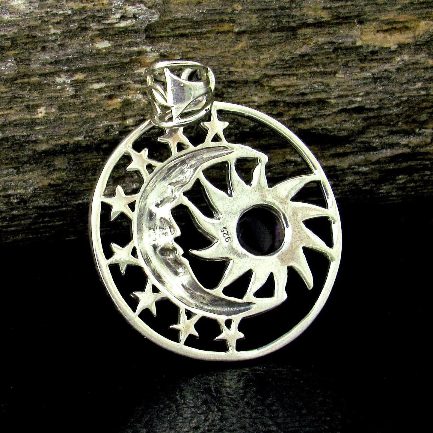 Solid 925 Sterling Silver Sun Moon Face & Stars Pendant with Amethyst, Labradorite, or Moonstone