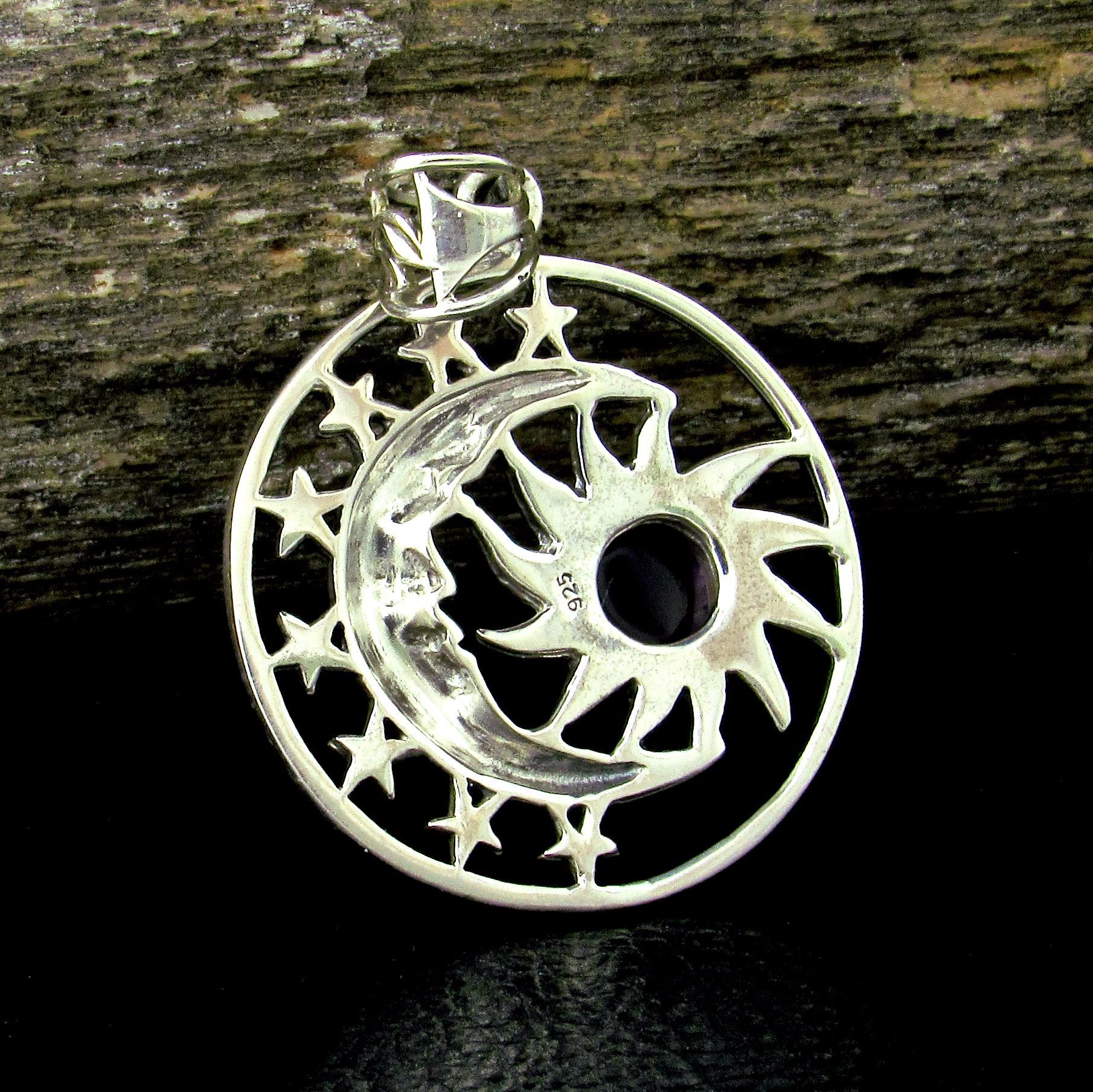 Solid 925 Sterling Silver Sun Moon Face & Stars Pendant with Amethyst, Labradorite, or Moonstone