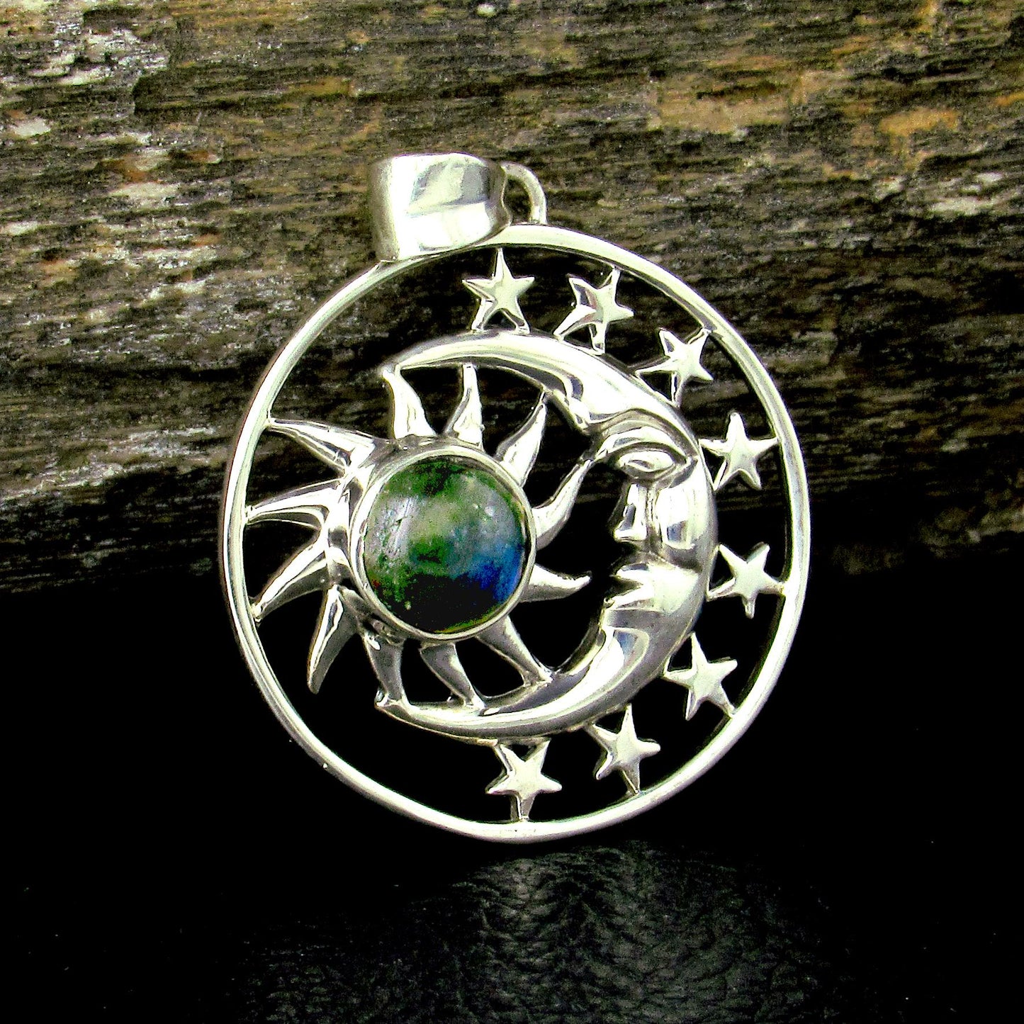 Solid 925 Sterling Silver Sun Moon Face & Stars Pendant with Amethyst, Labradorite, or Moonstone