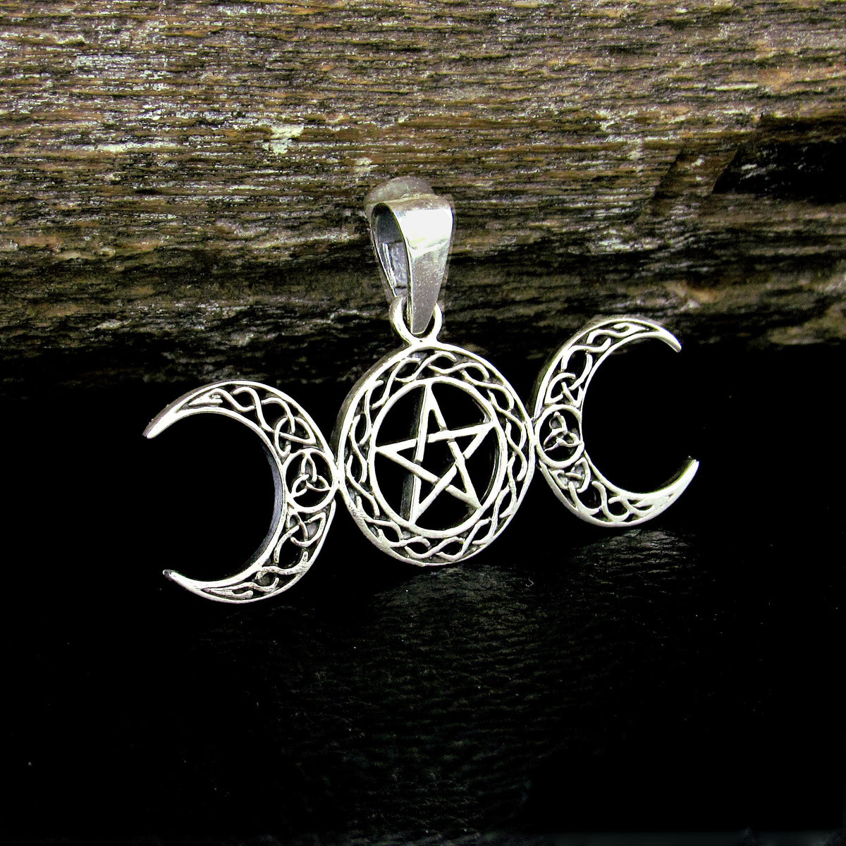 Solid 925 Sterling Silver Triple Moon Pentacle Pendant – Celtic Knot Goddess Moon Necklace Amulet