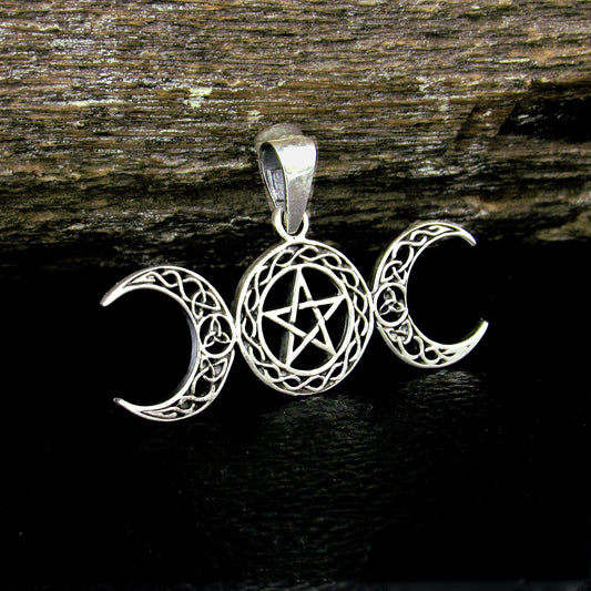 Solid 925 Sterling Silver Triple Moon Pentacle Pendant – Celtic Knot Goddess Moon Necklace Amulet