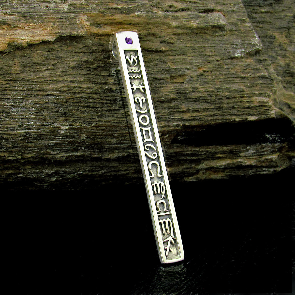 Solid 925 Sterling Silver 12 Zodiac Symbols Pendant – Astrology Horoscope Column Amethyst or Garnet