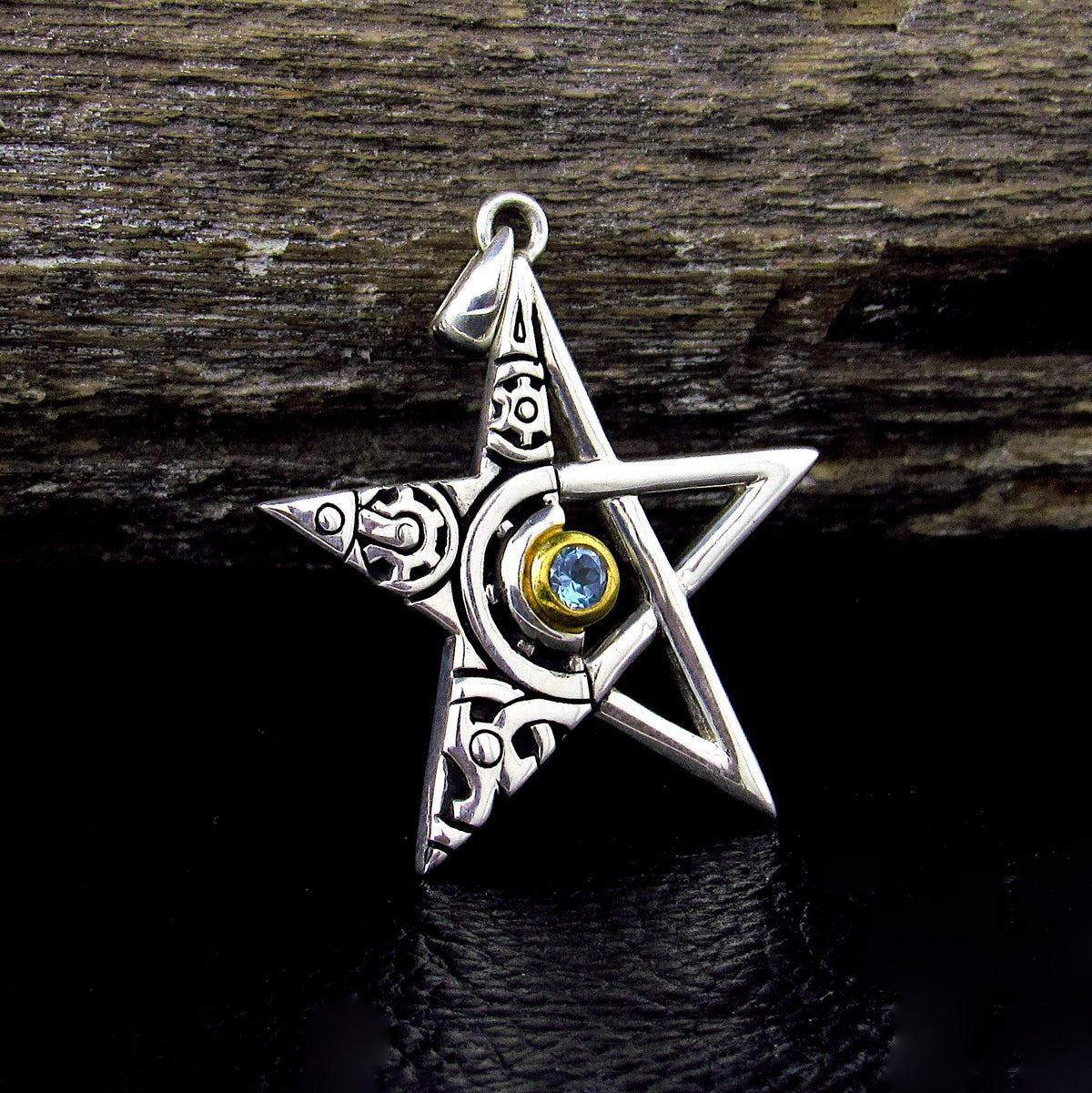 Solid 925 Sterling Silver Gear Pentagram Pendant – Mechanical Pagan Talisman, 14k Gold Garnet / Topaz