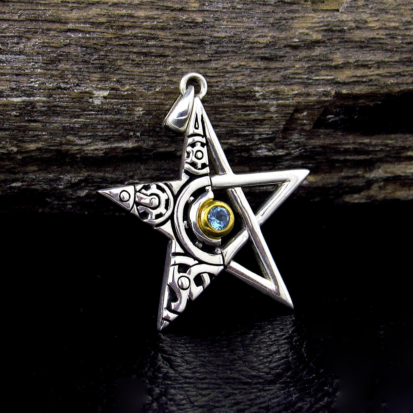 Solid 925 Sterling Silver Gear Pentagram Pendant – Mechanical Pagan Talisman, 14k Gold Garnet / Topaz