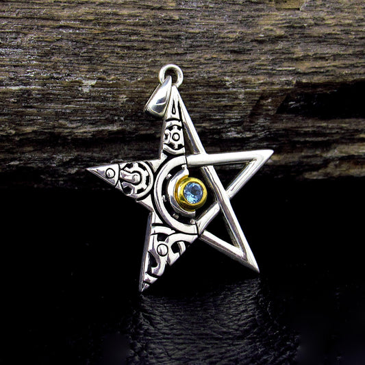 Solid 925 Sterling Silver Gear Pentagram Pendant – Mechanical Pagan Talisman, 14k Gold Garnet / Topaz