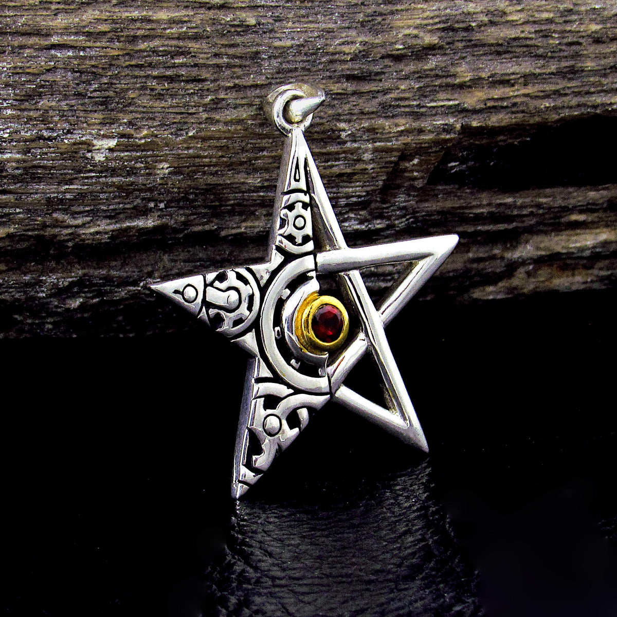 Solid 925 Sterling Silver Gear Pentagram Pendant – Mechanical Pagan Talisman, 14k Gold Garnet / Topaz