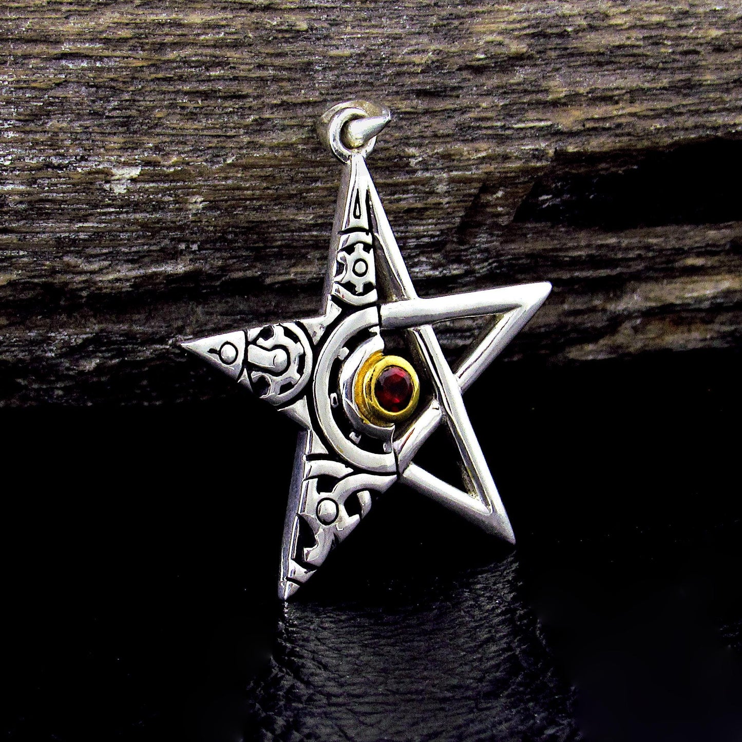 Solid 925 Sterling Silver Gear Pentagram Pendant – Mechanical Pagan Talisman, 14k Gold Garnet / Topaz