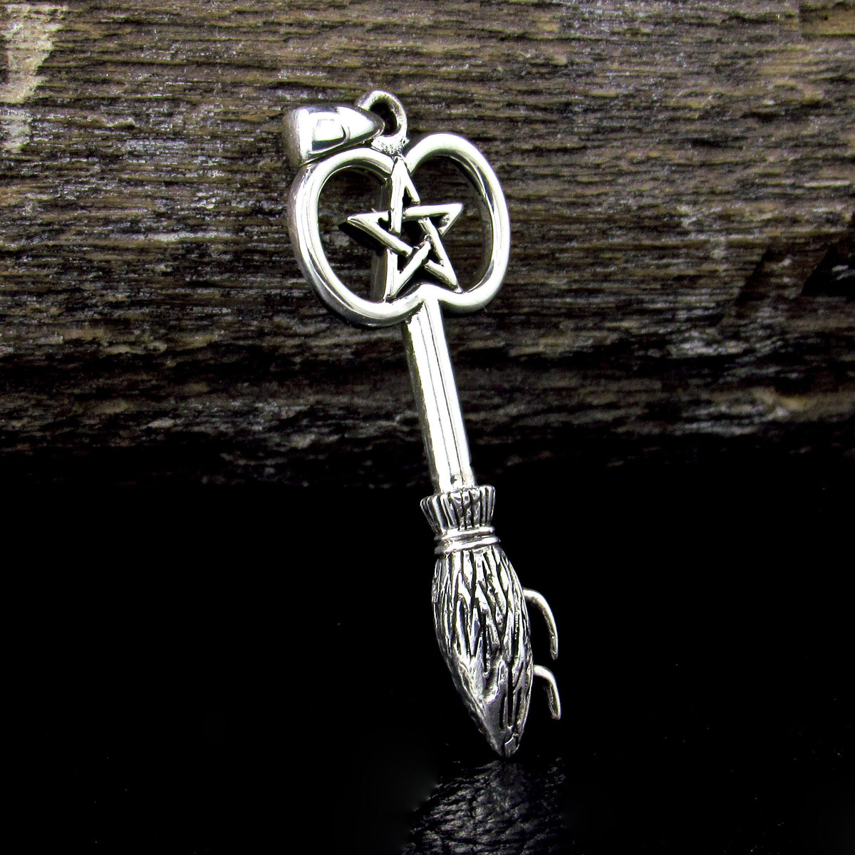 Solid 925 Sterling Silver Besom Key Pendant. Witch’s Broom Pentacle, Pagan Amulet, Wiccan Jewelry