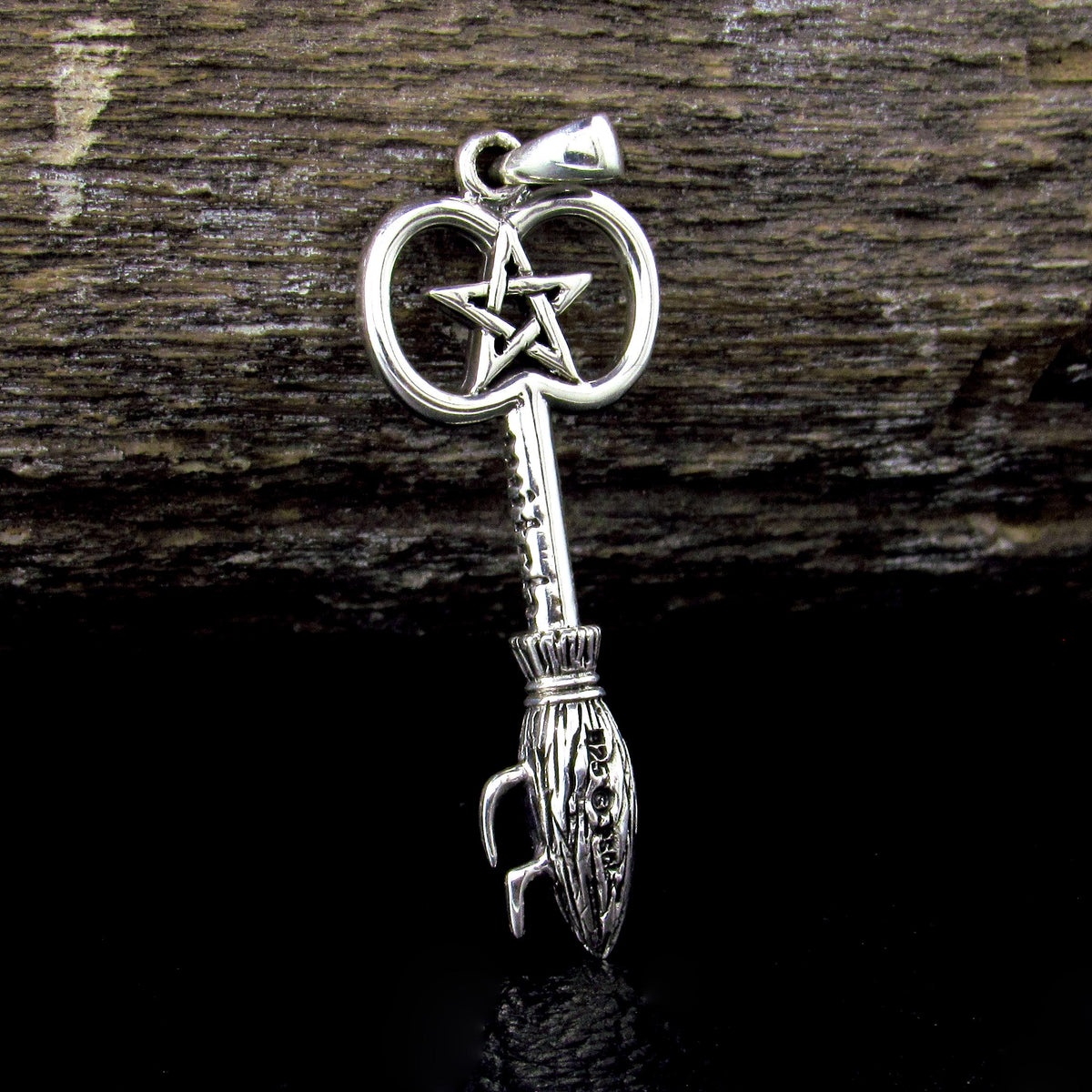 Solid 925 Sterling Silver Besom Key Pendant. Witch’s Broom Pentacle, Pagan Amulet, Wiccan Jewelry
