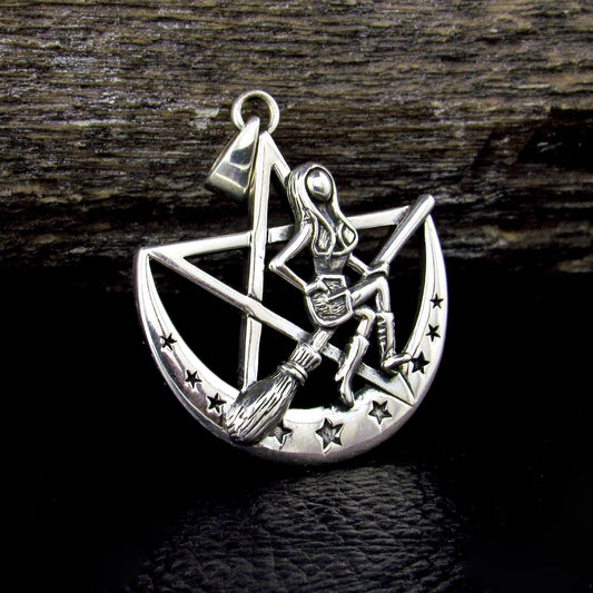 Solid 925 Sterling Silver Salem Witch on Crescent Moon Pentagram Pendant, Pagan Amulet