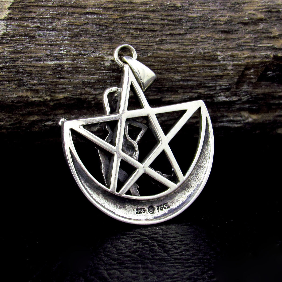 Solid 925 Sterling Silver Salem Witch on Crescent Moon Pentagram Pendant, Pagan Amulet