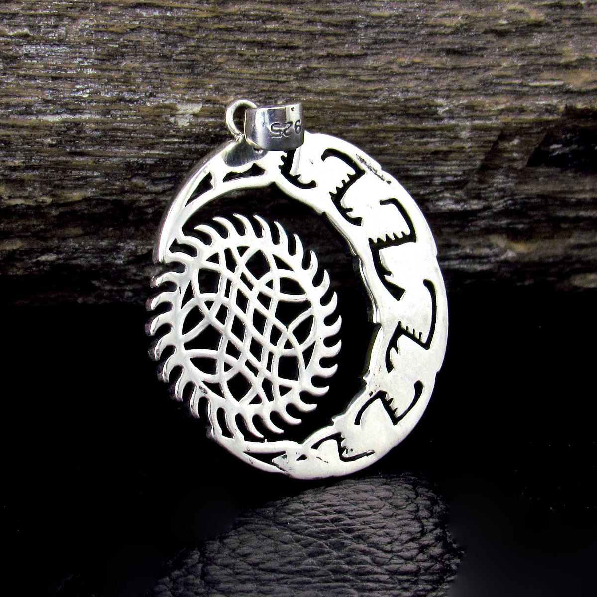 Solid 925 Sterling Silver Crescent Moon And Sun Pendant, Celtic Zoomorphic Beasts Amulet