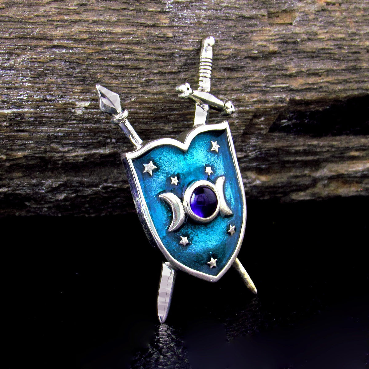 Solid 925 Sterling Silver Triple Moon Shield & Swords Pendant, Amethyst or Rainbow Moonstone