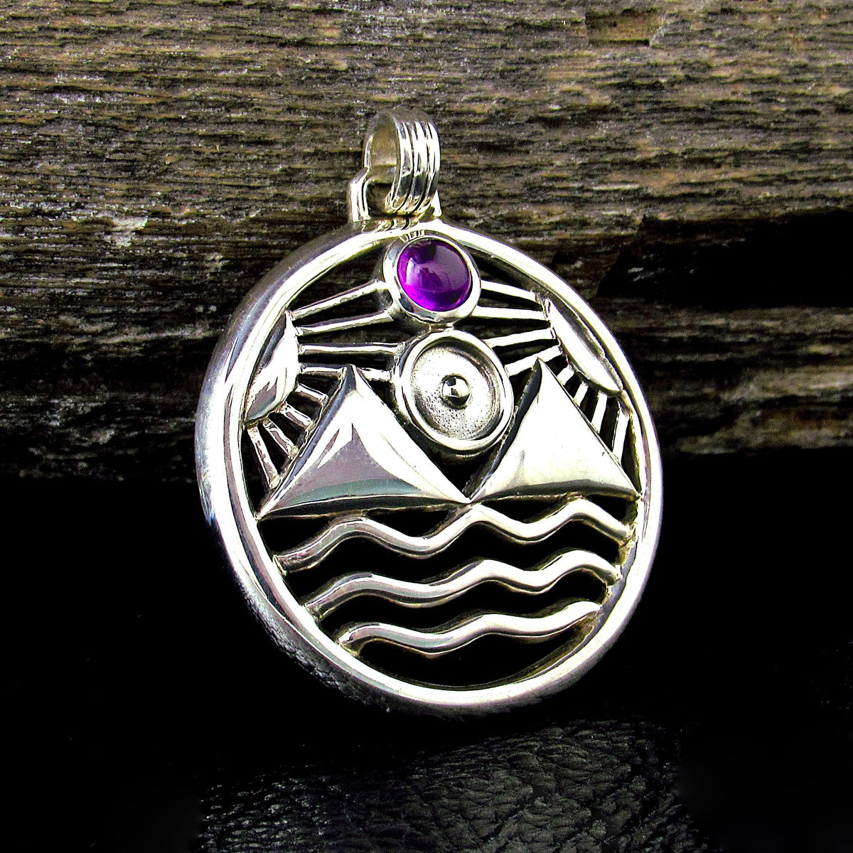 Solid 925 Sterling Silver Protection Talisman – Four Elements Pagan Pendant – Amethyst Garnet Moonstone