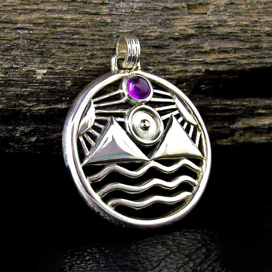 Solid 925 Sterling Silver Protection Talisman – Four Elements Pagan Pendant – Amethyst Garnet Moonstone