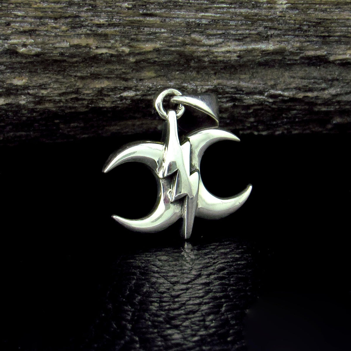 Solid 925 Sterling Silver Triple Moon Lightning Bolt Pendant – Wiccan Triple Goddess Amulet