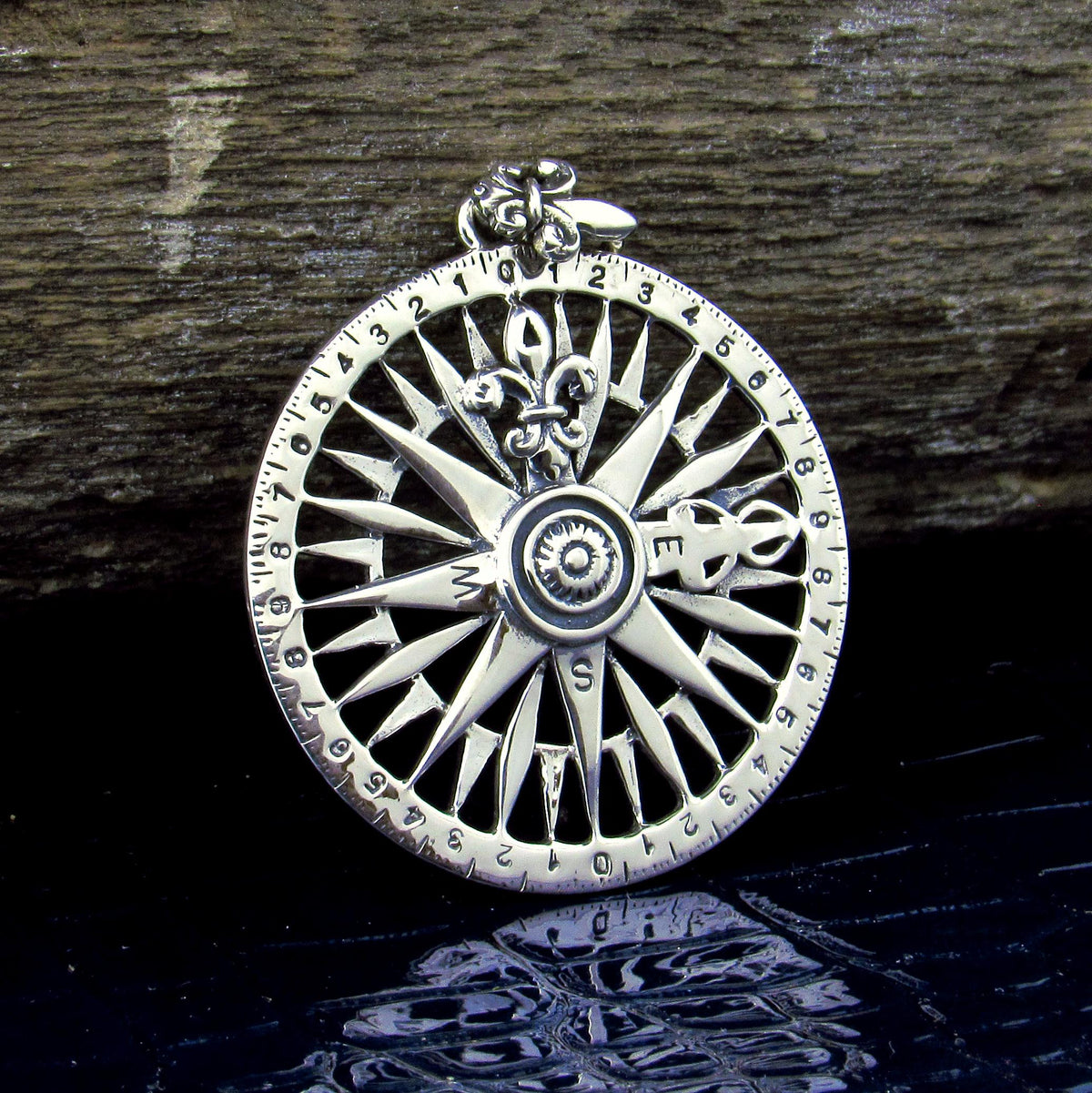 Solid 925 Sterling Silver Rose Compass Pendant, Celtic Tradition Talisman, Fleur De Lis Amulet, Nautical Marine Ocean Jewelry
