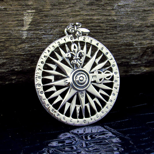 Solid 925 Sterling Silver Rose Compass Pendant, Celtic Tradition Talisman, Fleur De Lis Amulet, Nautical Marine Ocean Jewelry
