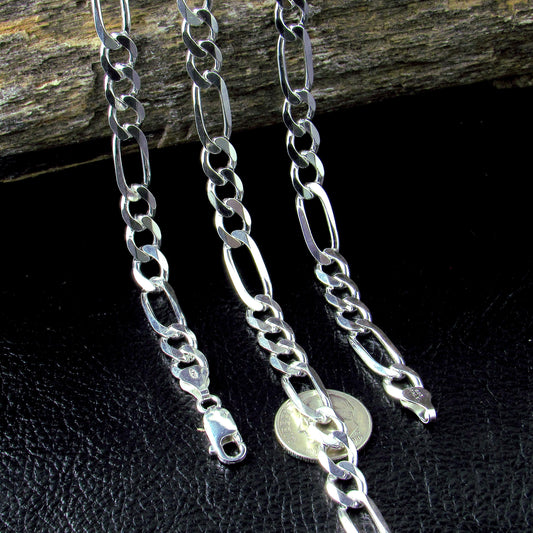 7mm 180 Gauge Men's Italian Figaro Chain Bracelet or Necklace, Solid 925 Sterling Silver, Made in Italy, 8–30 Inch