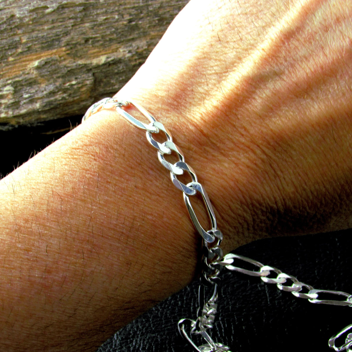 7mm 180 Gauge Men's Italian Figaro Chain Bracelet or Necklace, Solid 925 Sterling Silver, Made in Italy, 8–30 Inch
