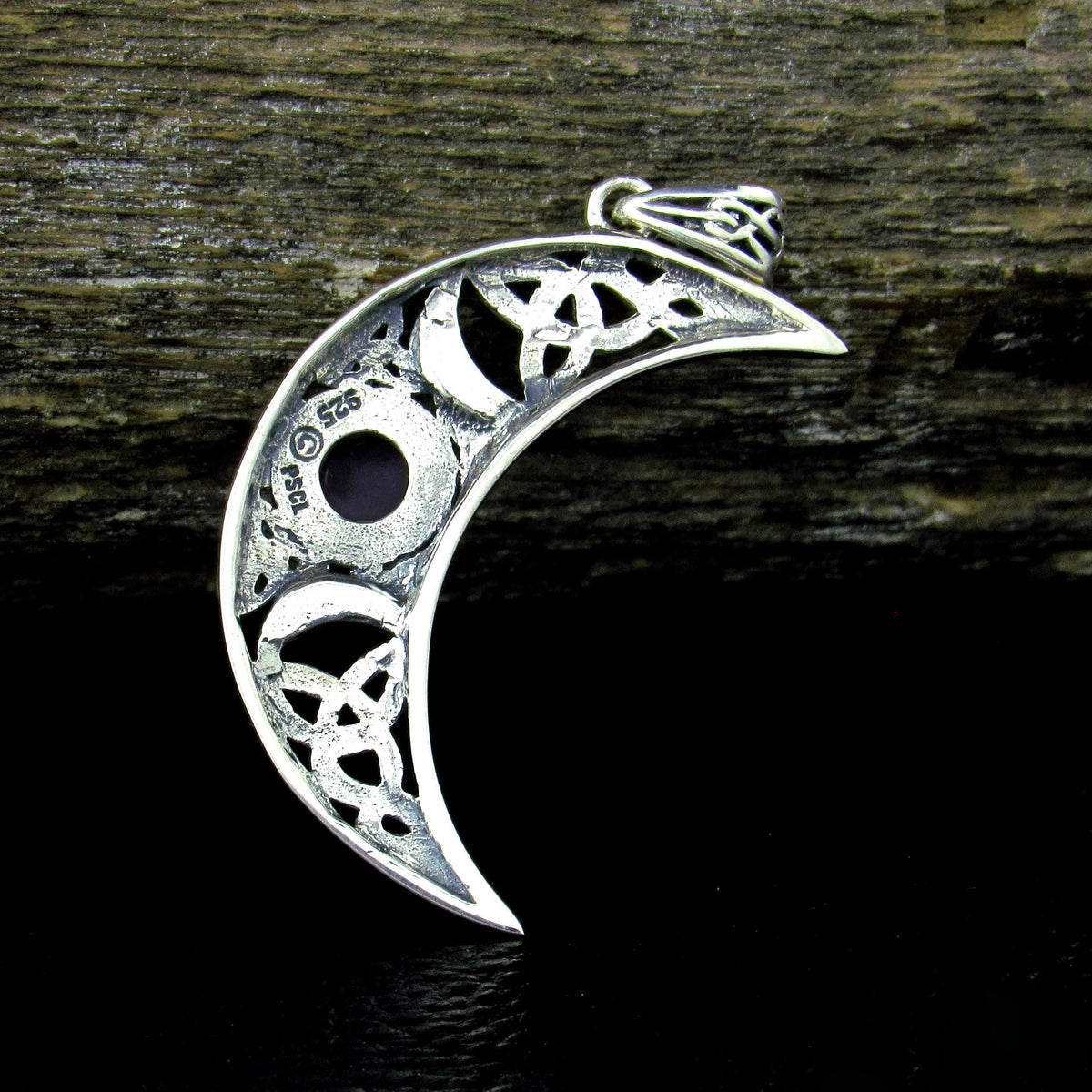 Solid 925 Sterling Silver Celtic Blue Moon Crescent Pendant – Triple Moon Goddess with Gemstone