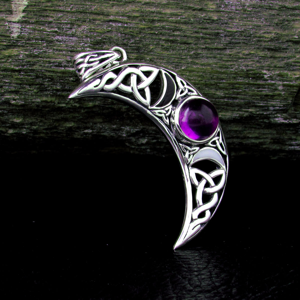 Solid 925 Sterling Silver Celtic Blue Moon Crescent Pendant – Triple Moon Goddess with Gemstone