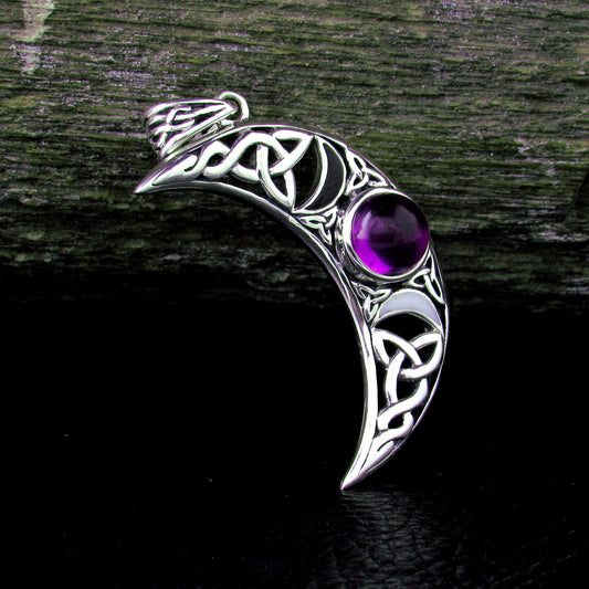 Solid 925 Sterling Silver Celtic Blue Moon Crescent Pendant – Triple Moon Goddess with Gemstone