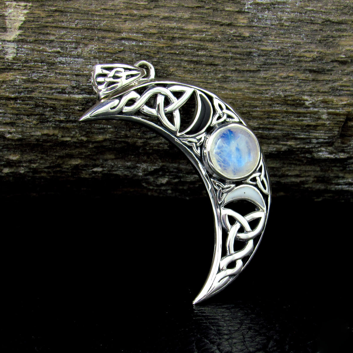 Solid 925 Sterling Silver Celtic Blue Moon Crescent Pendant – Triple Moon Goddess with Gemstone