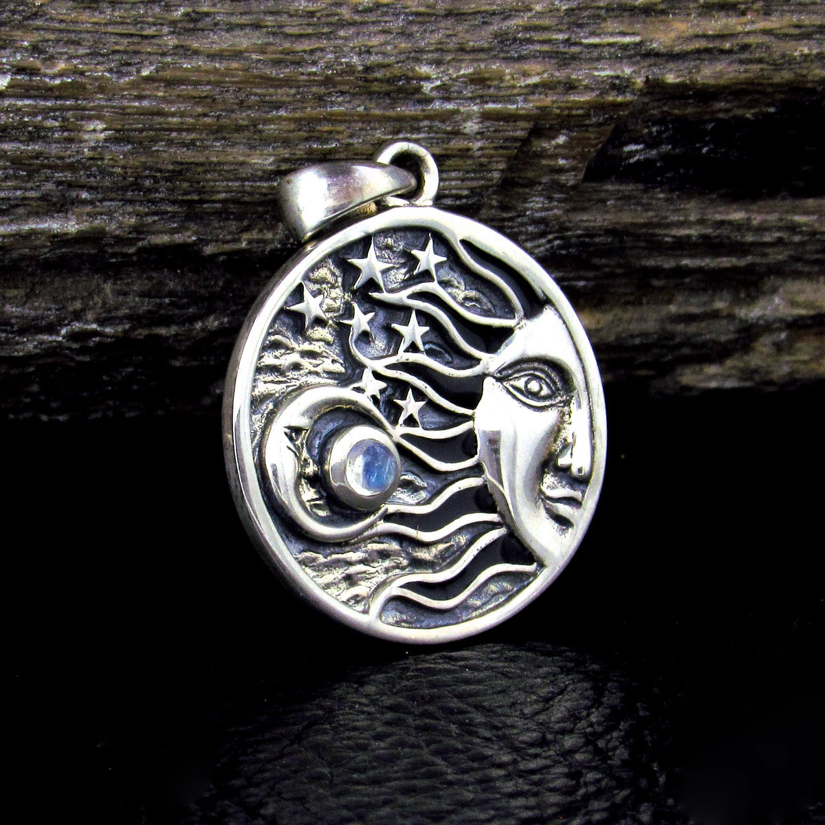 Solid 925 Sterling Silver Celestial Sun Moon Stars Pendant – Crescent Moon with Gemstone