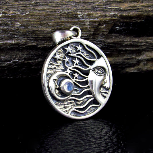 Solid 925 Sterling Silver Celestial Sun Moon Stars Pendant – Crescent Moon with Gemstone