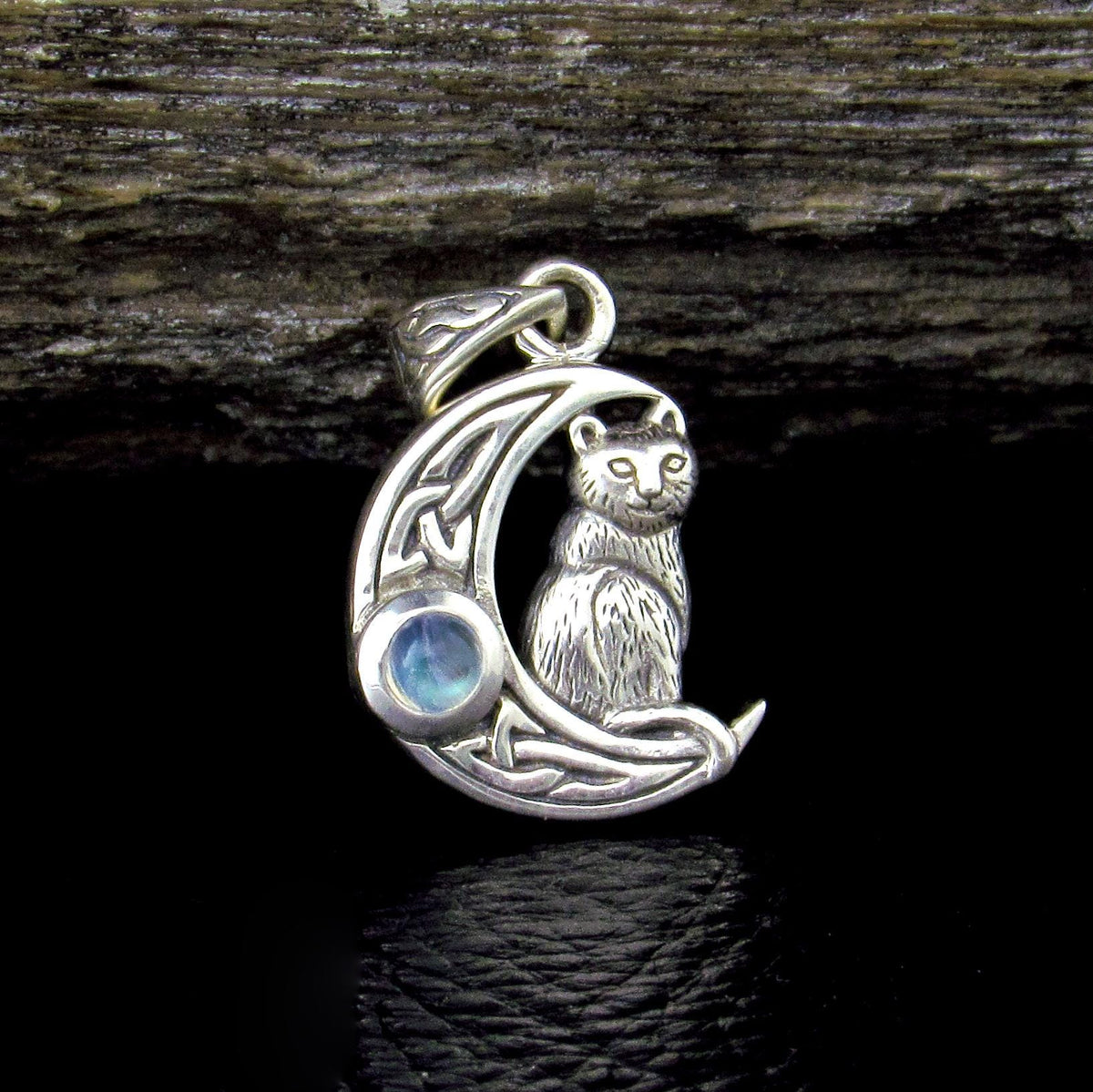Solid 925 Sterling Silver Celtic Moon Cat Pendant – Witchy Crescent Moon Amethyst or Moonstone