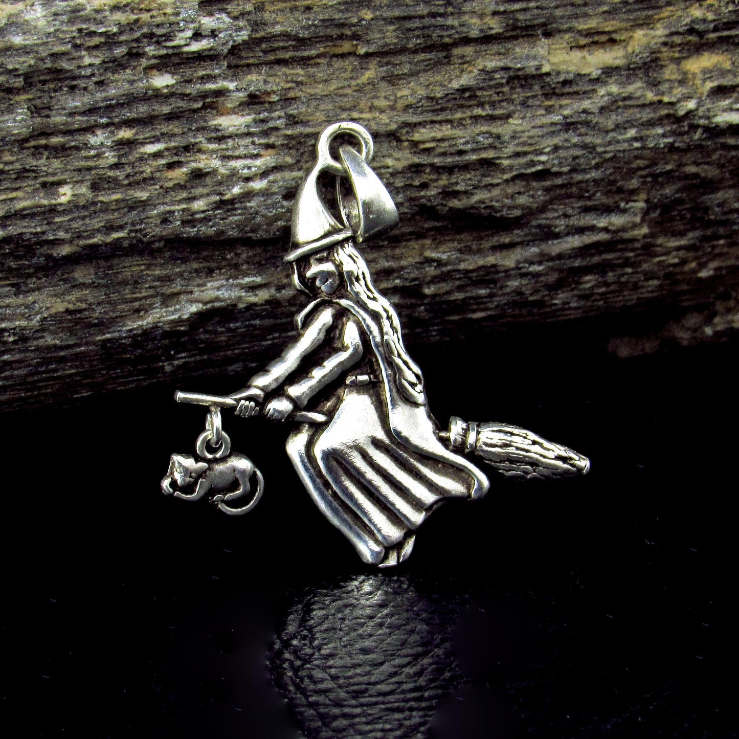 Solid 925 Sterling Silver Witch on Broom Pendant with Cat Charm, Pagan Witch Jewelry