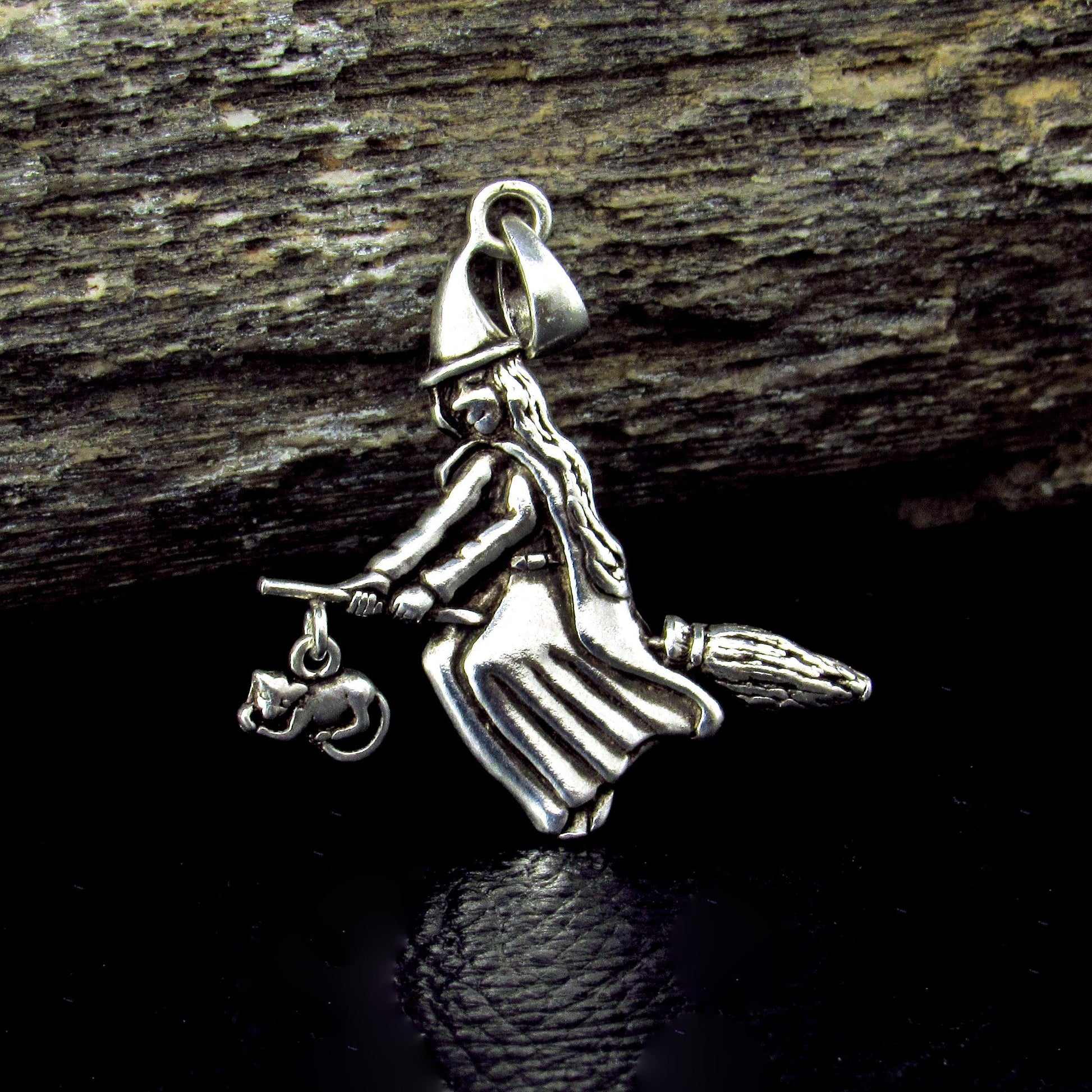 Solid 925 Sterling Silver Witch on Broom Pendant with Cat Charm, Pagan Witch Jewelry