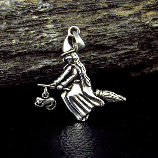 Solid 925 Sterling Silver Witch on Broom Pendant with Cat Charm, Pagan Witch Jewelry