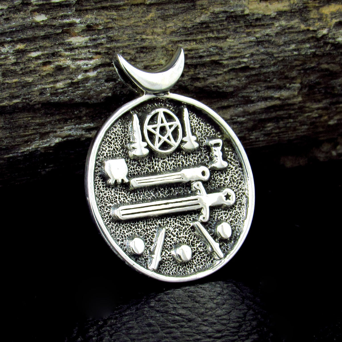 Solid 925 Sterling Silver Wiccan Ritual Tools Pendant, Pentacle Athame Chalice Pagan Amulet