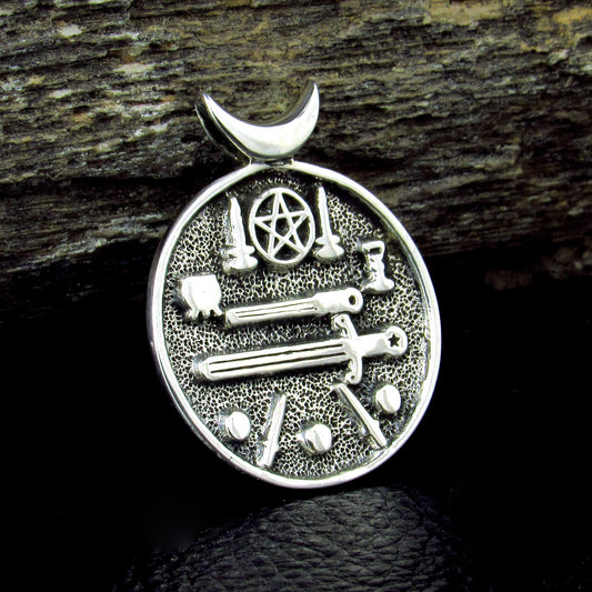 Solid 925 Sterling Silver Wiccan Ritual Tools Pendant, Pentacle Athame Chalice Pagan Amulet