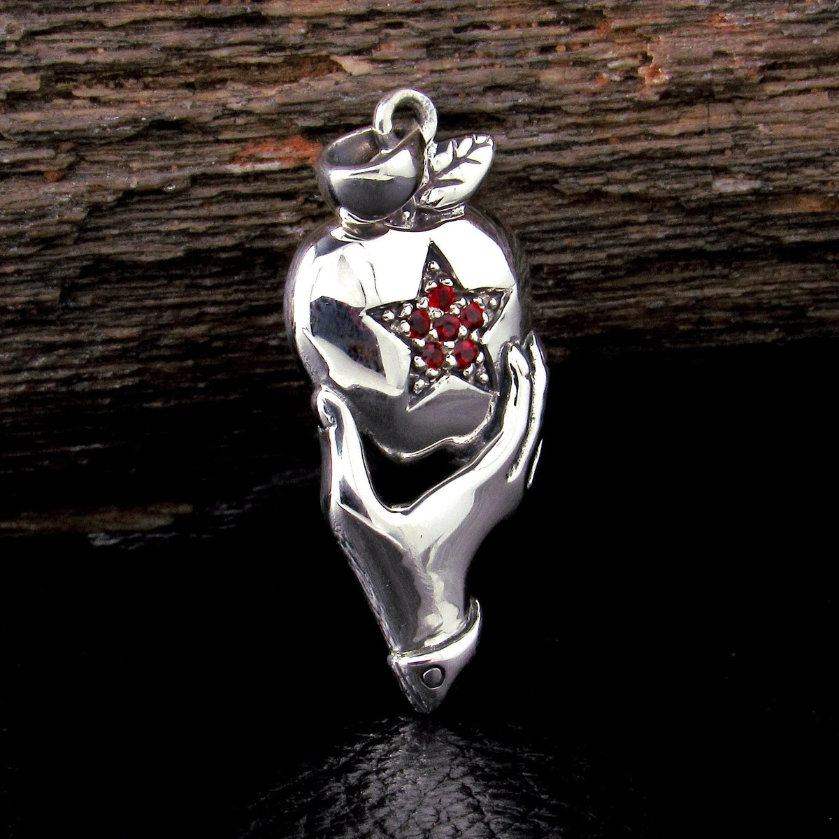 Solid 925 Sterling Silver Apple Pentacle Pendant w/ Garnet Stone Pagan Talisman, Gothic Jewelry