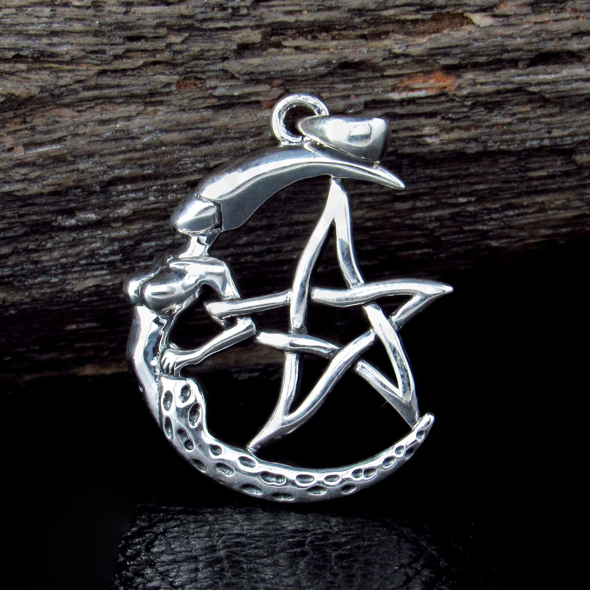 Solid 925 Sterling Silver Crescent Moon Goddess Pentacle Pendant Wiccan Pagan Witch Jewelry