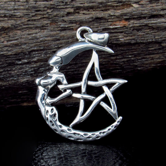 Solid 925 Sterling Silver Crescent Moon Goddess Pentacle Pendant Wiccan Pagan Witch Jewelry