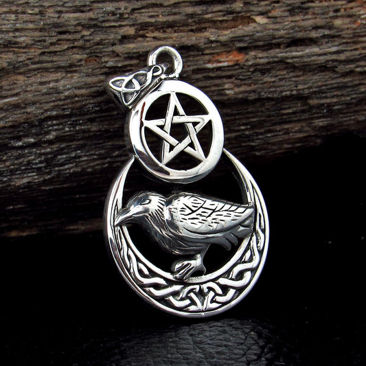 Solid 925 Sterling Silver Raven Celtic Crescent Moon Pentacle Pendant, Pagan Wiccan Witch Amulet