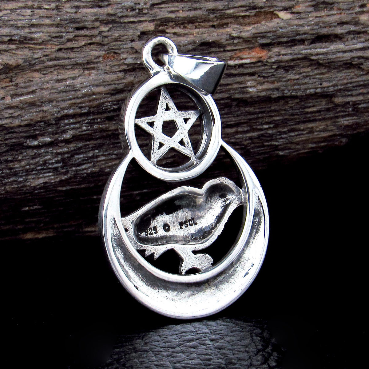 Solid 925 Sterling Silver Raven Celtic Crescent Moon Pentacle Pendant, Pagan Wiccan Witch Amulet