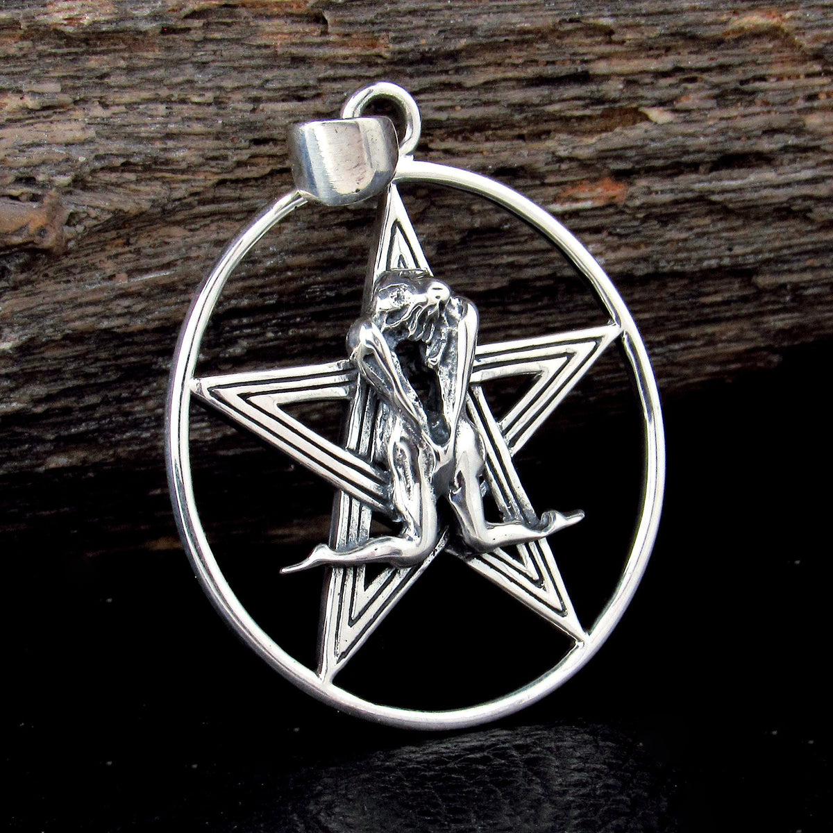 Solid 925 Sterling Silver, Tantric Couple Pentagram Pendant, Sacred Union Pagan Witch Jewelry