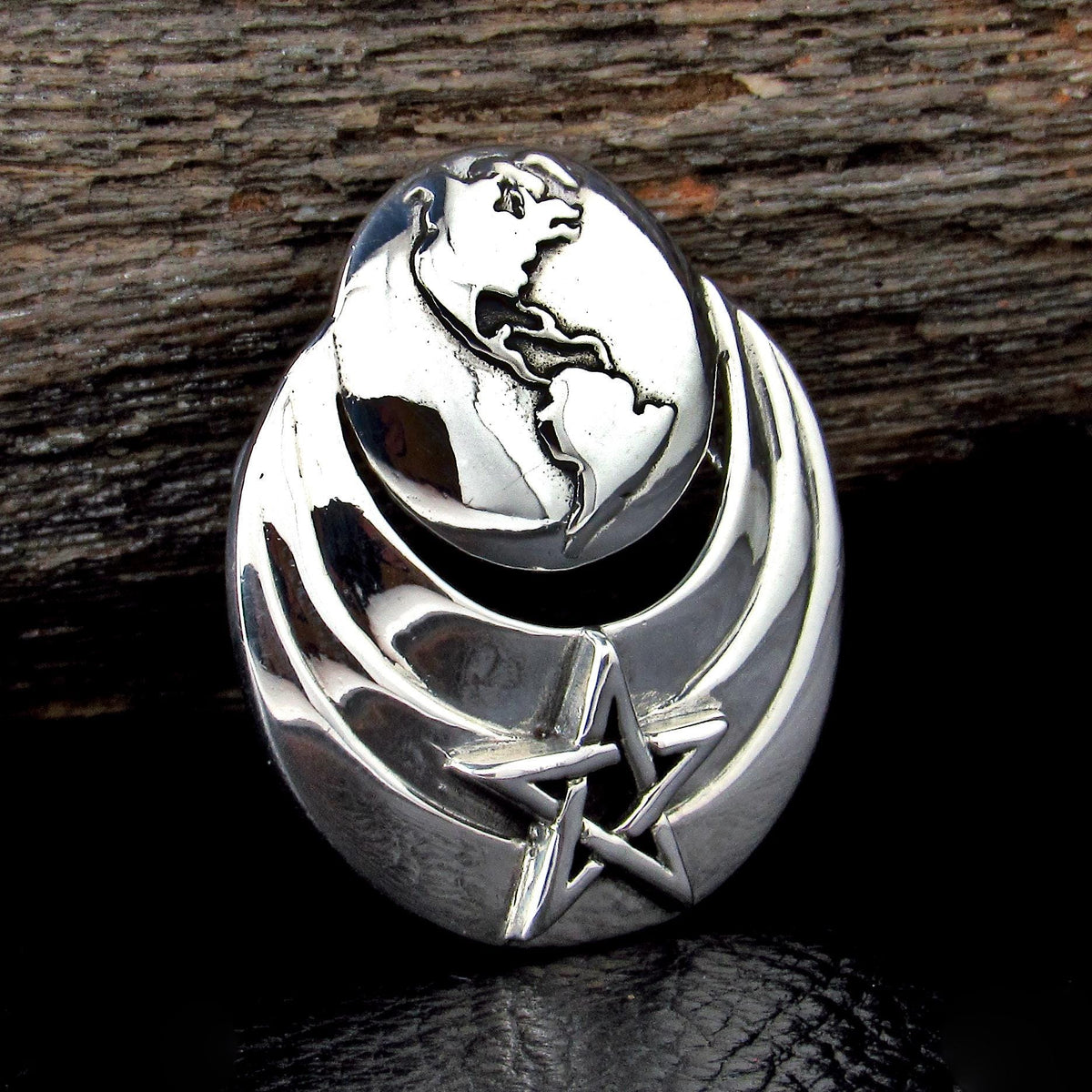 Solid 925 Sterling Silver Earth Moon Pentacle Star Pendant, Celestial Wiccan Cosmic Amulet Jewelry