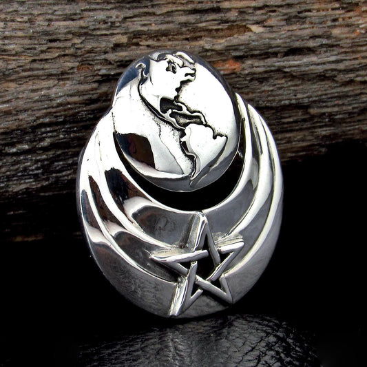 Solid 925 Sterling Silver Earth Moon Pentacle Star Pendant, Celestial Wiccan Cosmic Amulet Jewelry