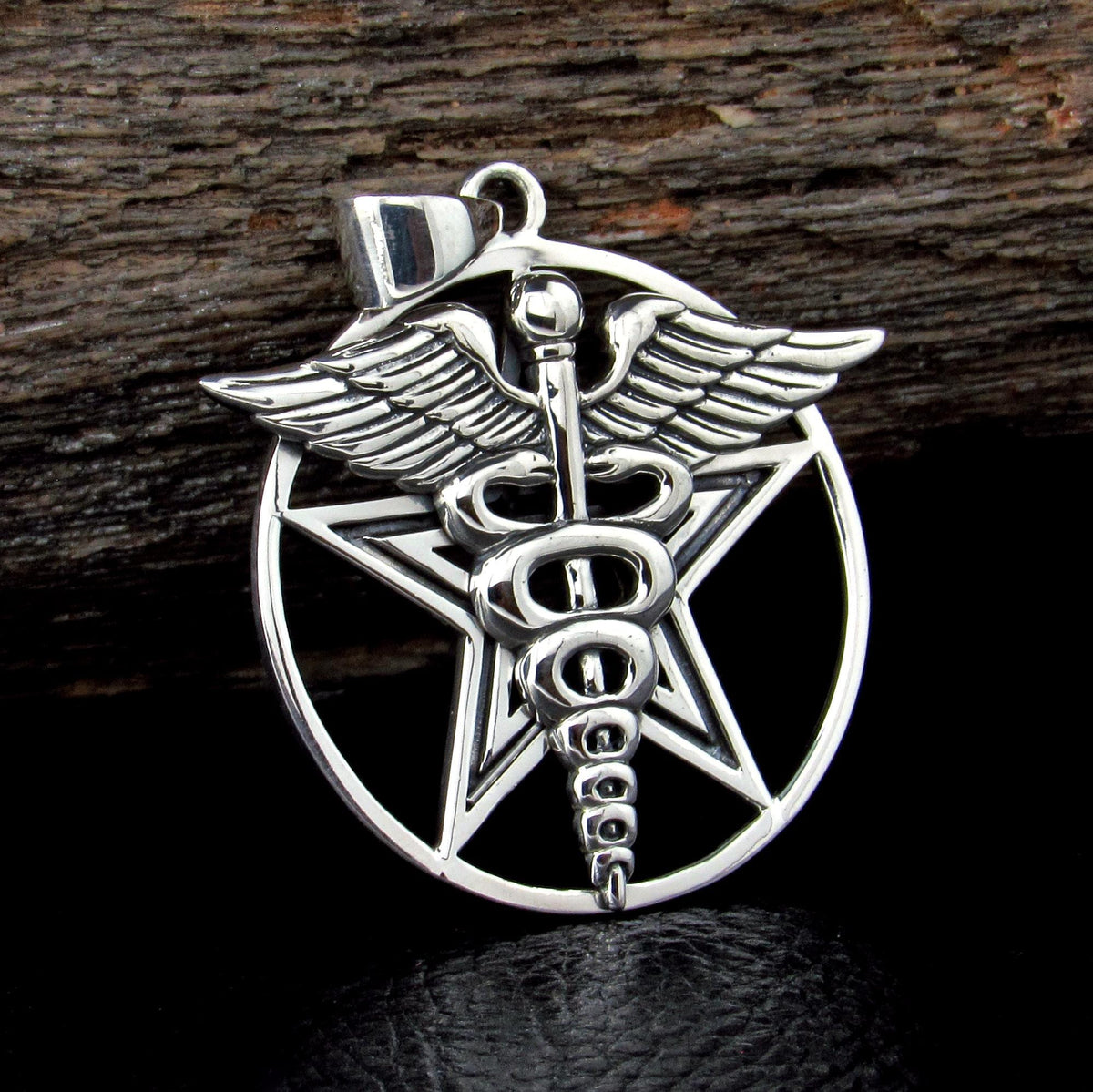 Solid 925 Sterling Silver Caduceus Pentacle Pendant, Medical Symbol Pagan Wiccan Healing Amulet Jewelry