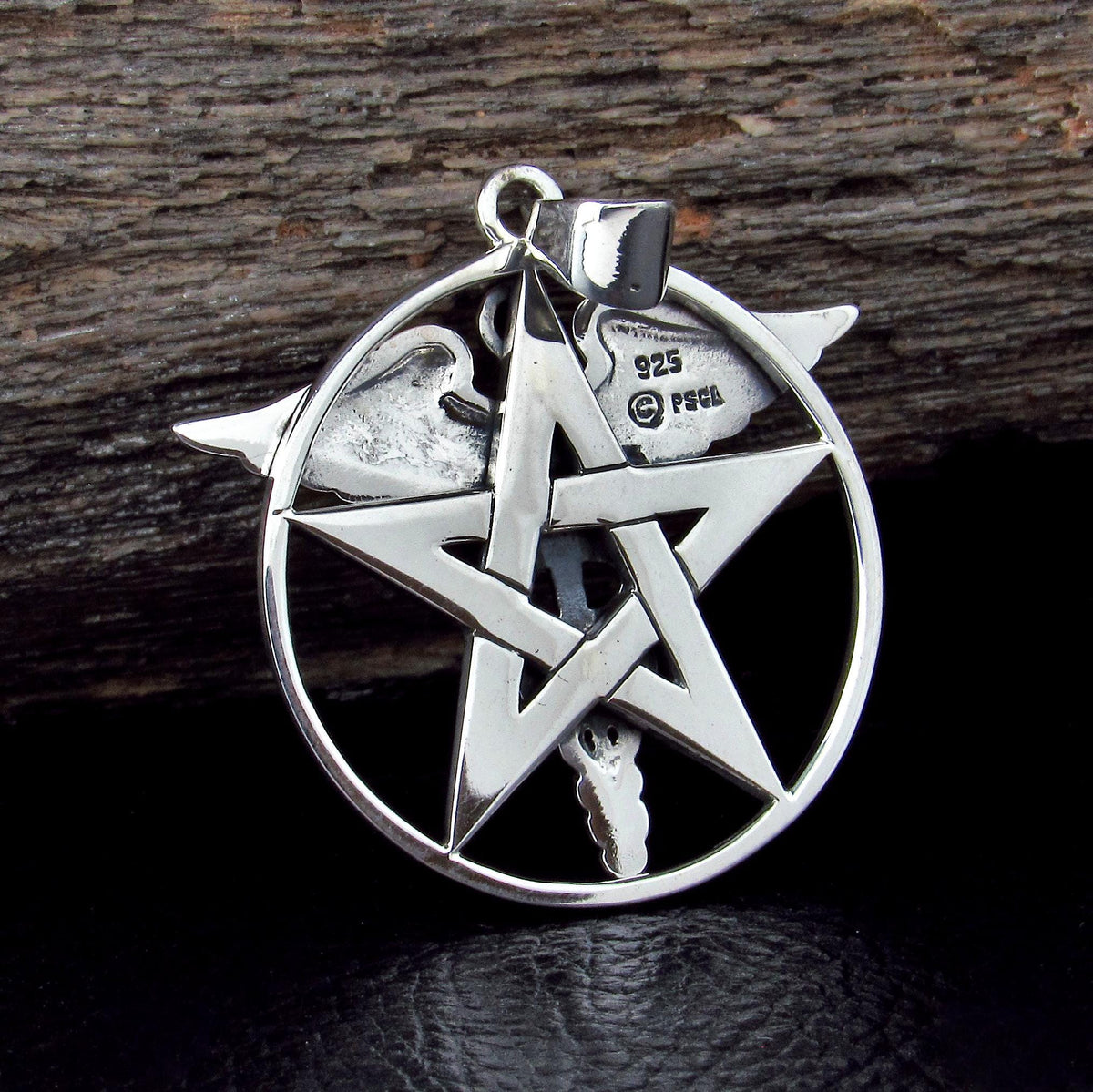 Solid 925 Sterling Silver Caduceus Pentacle Pendant, Medical Symbol Pagan Wiccan Healing Amulet Jewelry