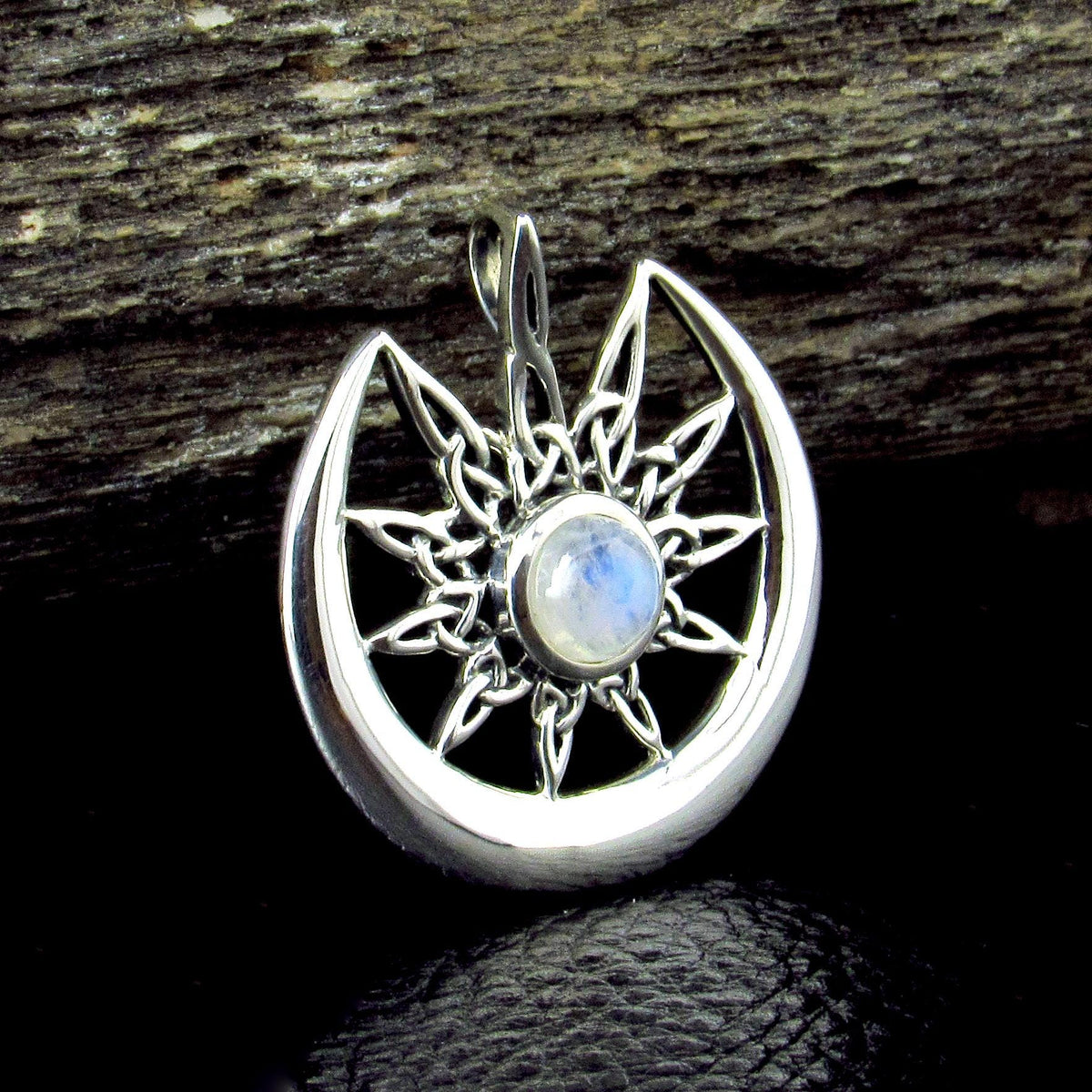 Solid 925 Sterling Silver Celtic Star Moon Pendant with Rainbow Moonstone, Pagan Lunar Jewelry